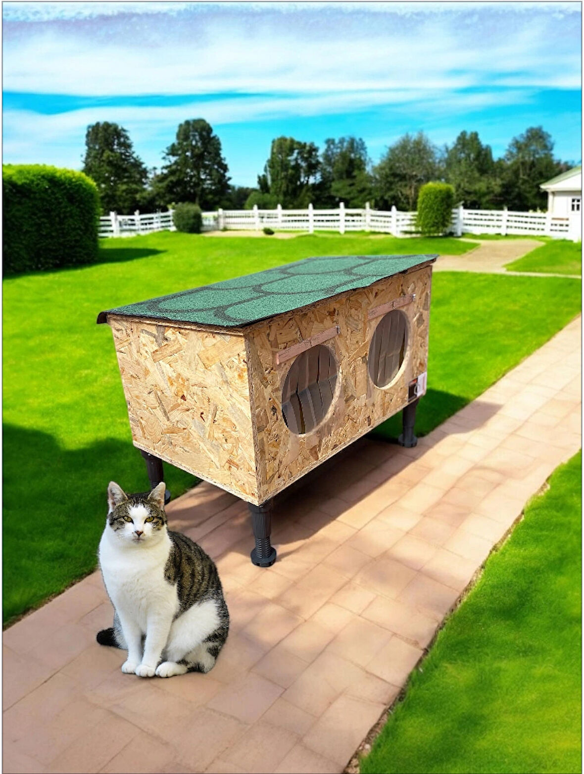 Kedi kulübesi kedi evi  kedi yuvası 2 bölmeli 2 kedilik ayaklı ısı ve su yalıtımlı catısı açılır