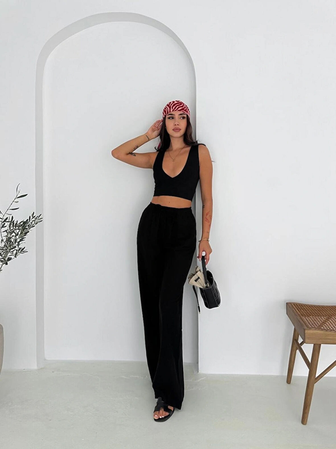 Siyah Renk %100 Pamuk Bağcıklı Geniş Paça Keten Pantolon