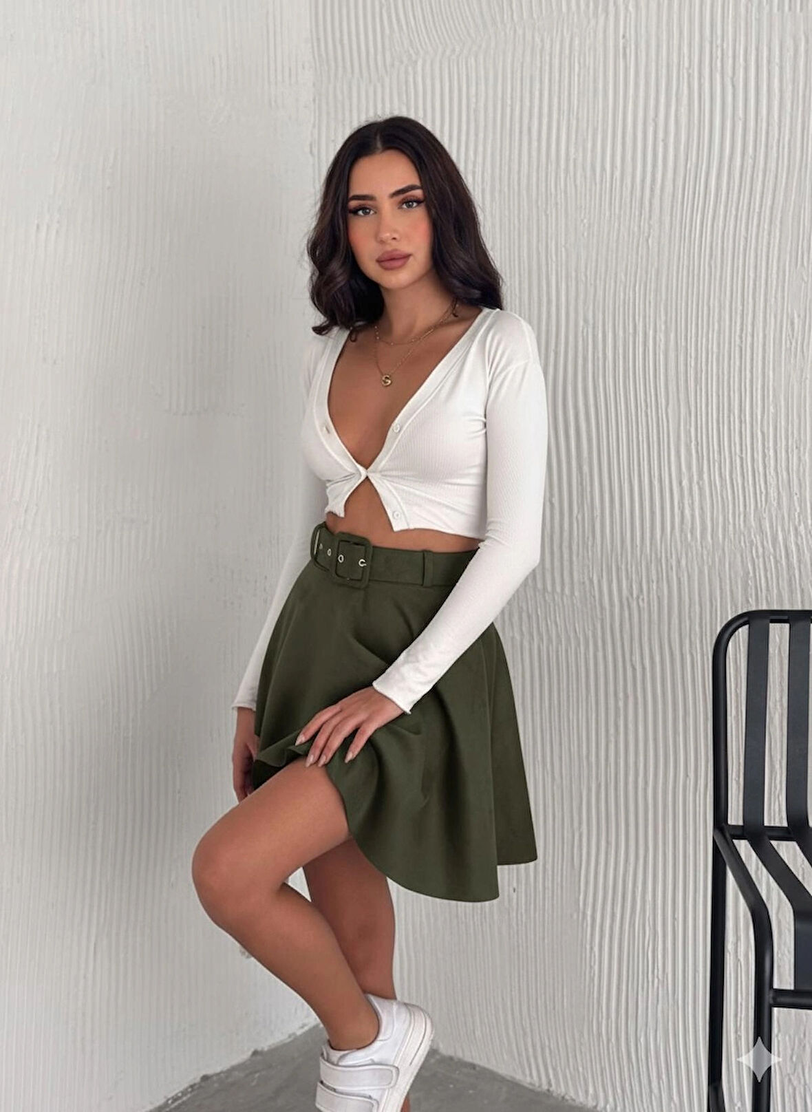 Kadın Haki Renk Midi Boy Kemerli Süet Kloş Etek