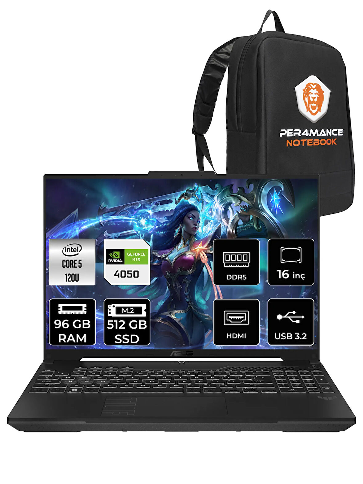 ASUS TUF Gaming F16 Core 5 210H 96GB 512GB SSD RTX4050/6GB 140W WUXGA 16" FDOS LP029 & PER4 ÇANTA