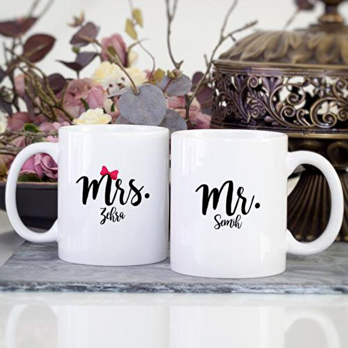 Kişiye Özel İsimli Mr. Mrs. 2 li Kupa Bardak