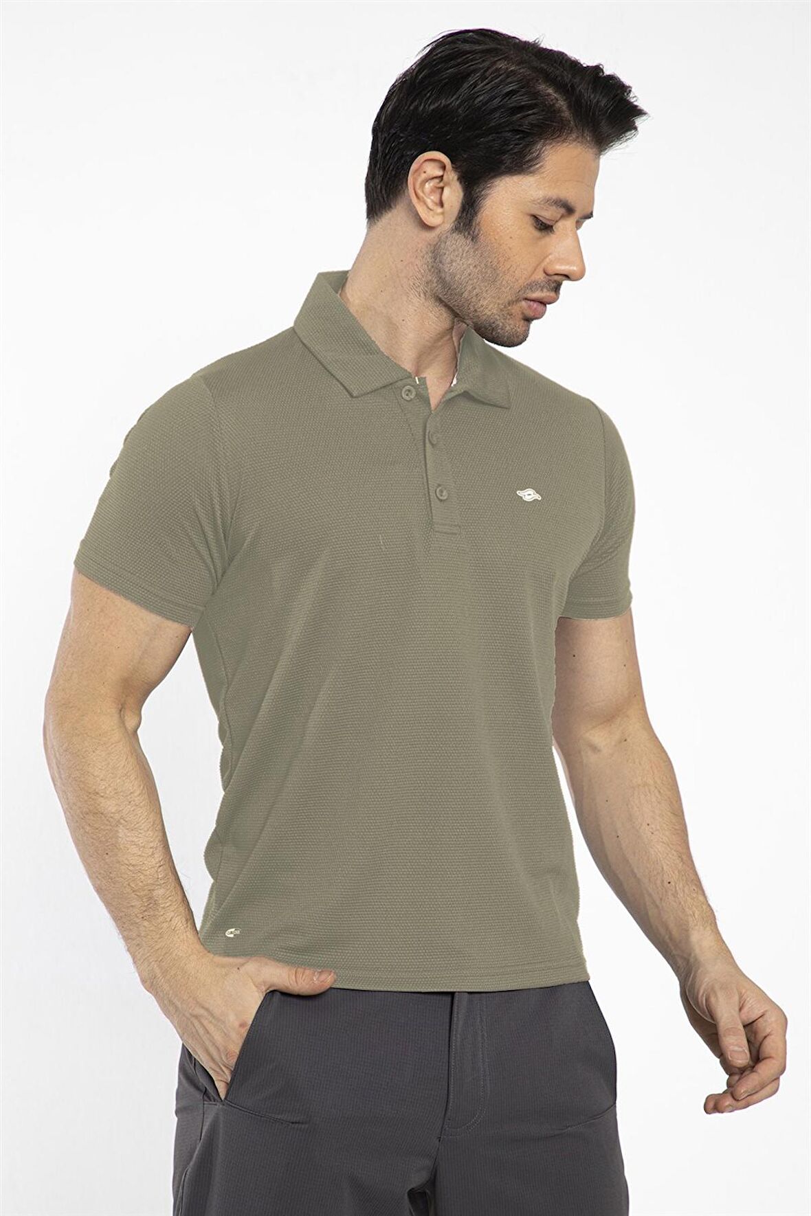 Crozwise Polo Yaka Büyük Beden Haki T-shirt - 7133-04