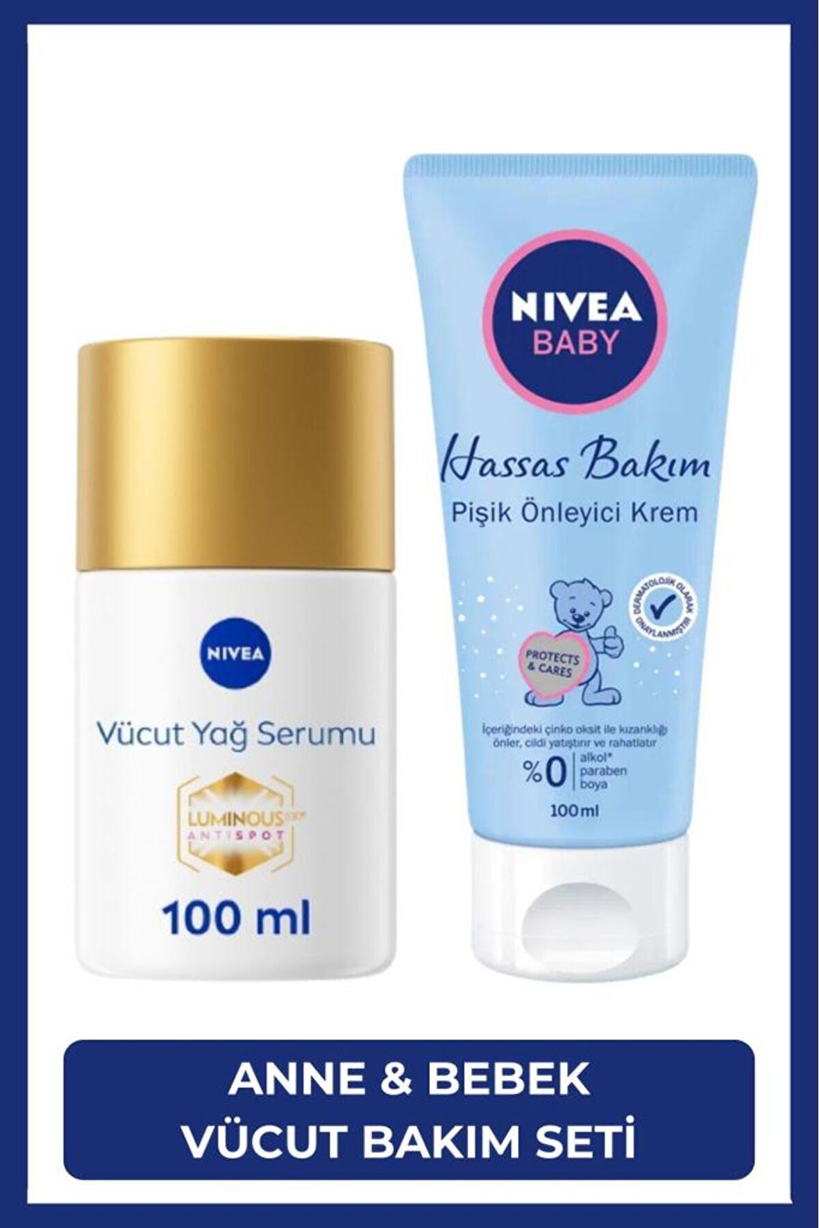 Nivea Luminous630 Çatlak Karşıtı Vücut Yağ Serumu 100ml ve Baby Hassas Bakım Pişik Önleyici Krem 100ml