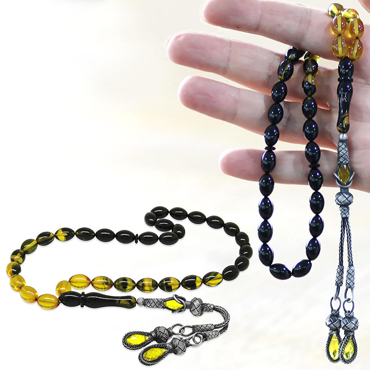 1000 Ayar Gümüş Kazaz Püsküllü Arpa Kesim Süzme Sarı-Siyah Ateş Kehribar Tesbih