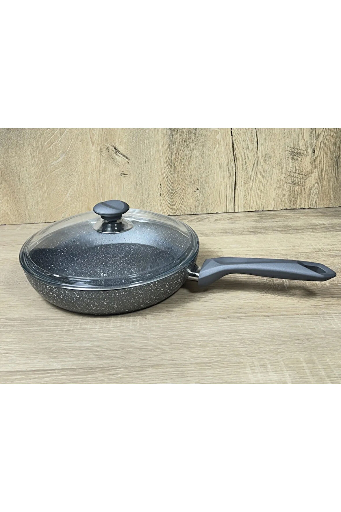 Morelli 22 cm Granit Tava Cam Kapaklı Gri Mermer