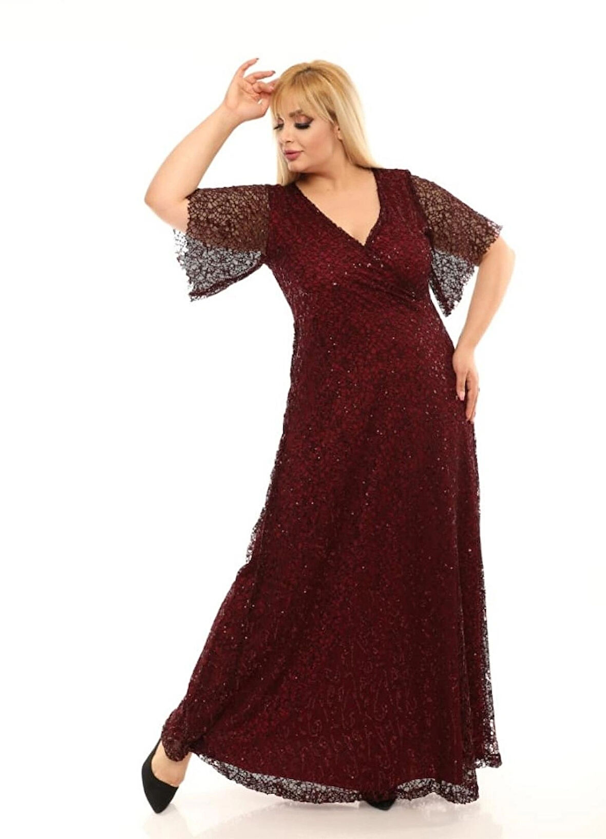 Kadın Büyük Beden Bordo Degaje Yaka Abiye Elbise