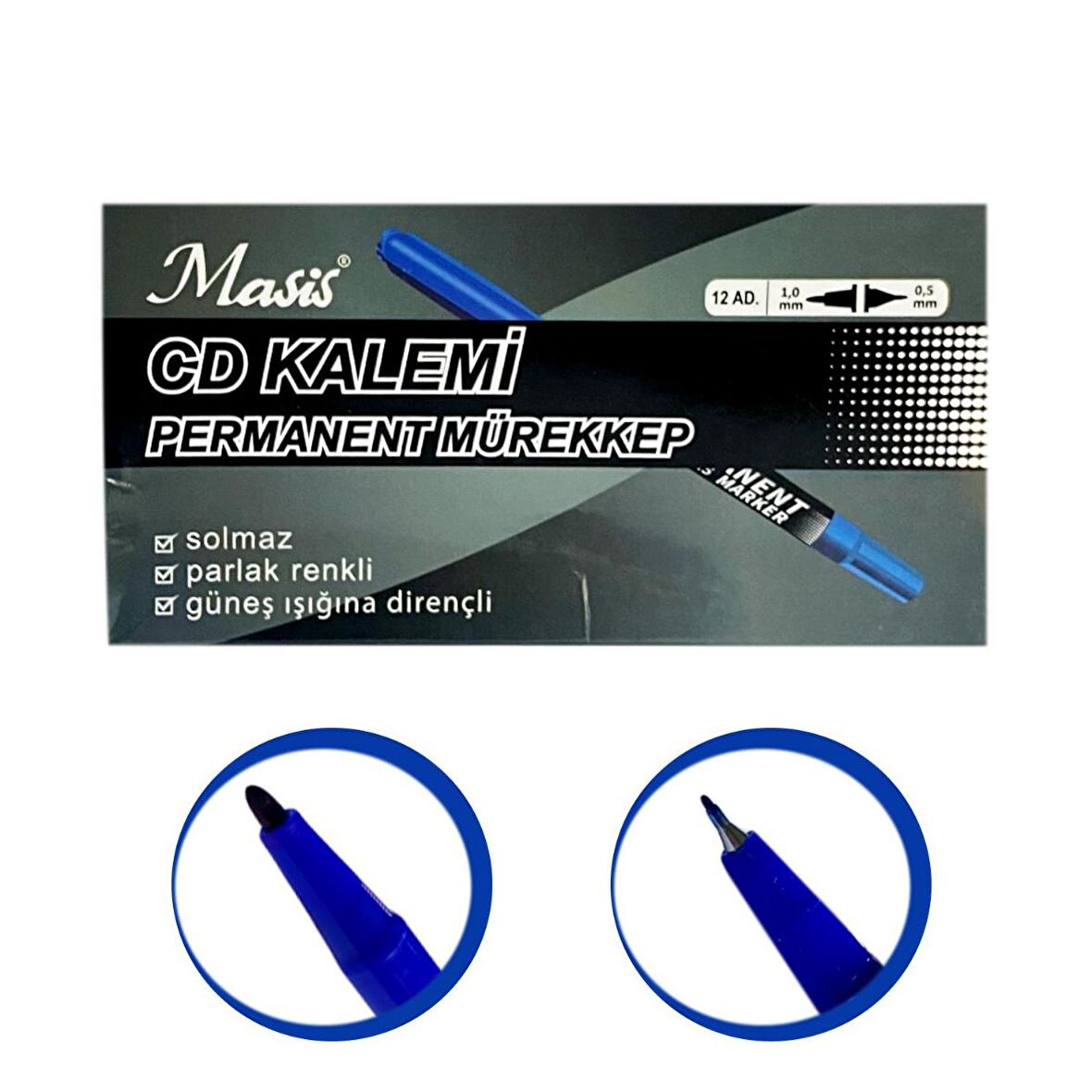 Masis Asetat Kalemi Çift Taraflı Uç 0.5-1.0 mm (CD2) 12 Adet Mavi