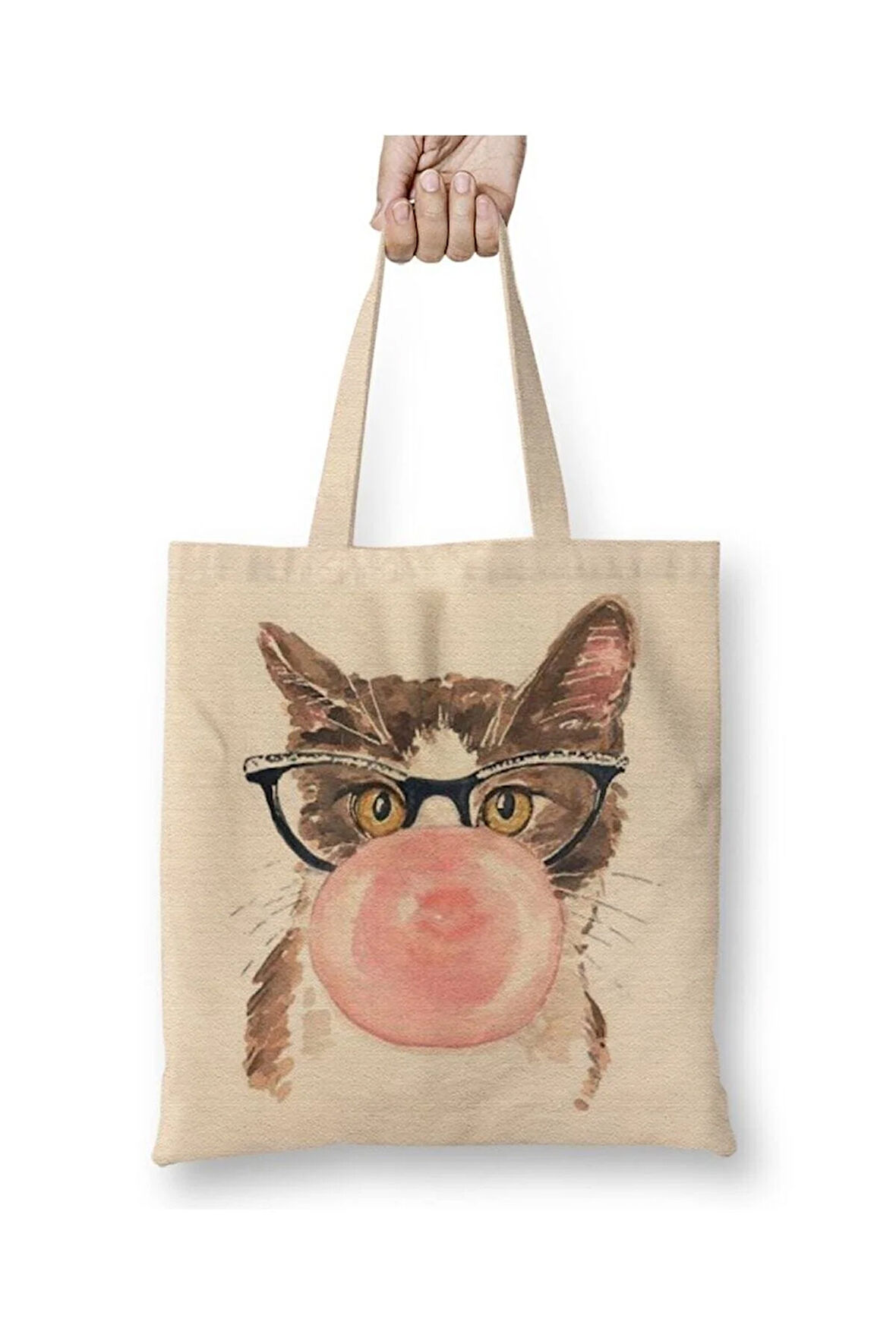 Kedi Sakız Cats Beyaz Bez Çanta Uzun Saplı Alışveriş Çantası Plaj Çantası