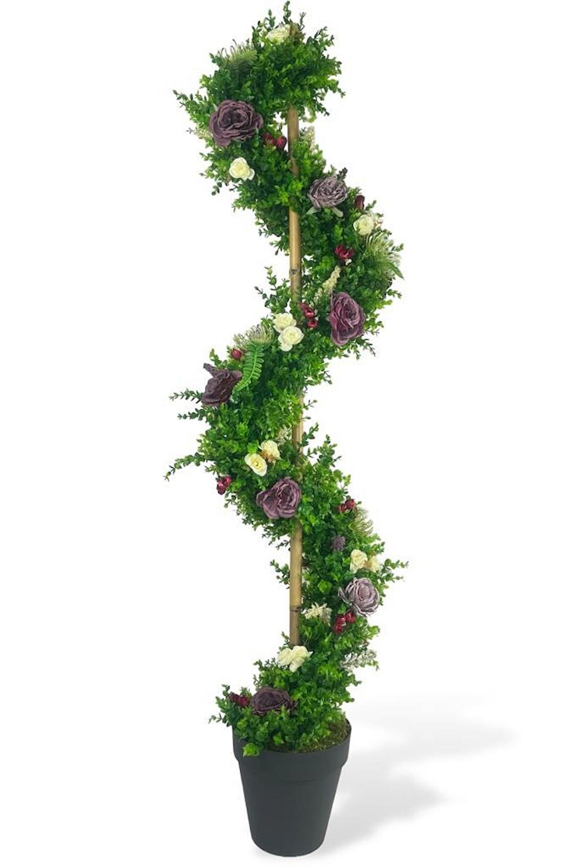 Yapay Ağaç Mor Pastel Şakayıklı Spiral Şimşir Ağacı 160cm Bambu Saplı Salon Bitkisi