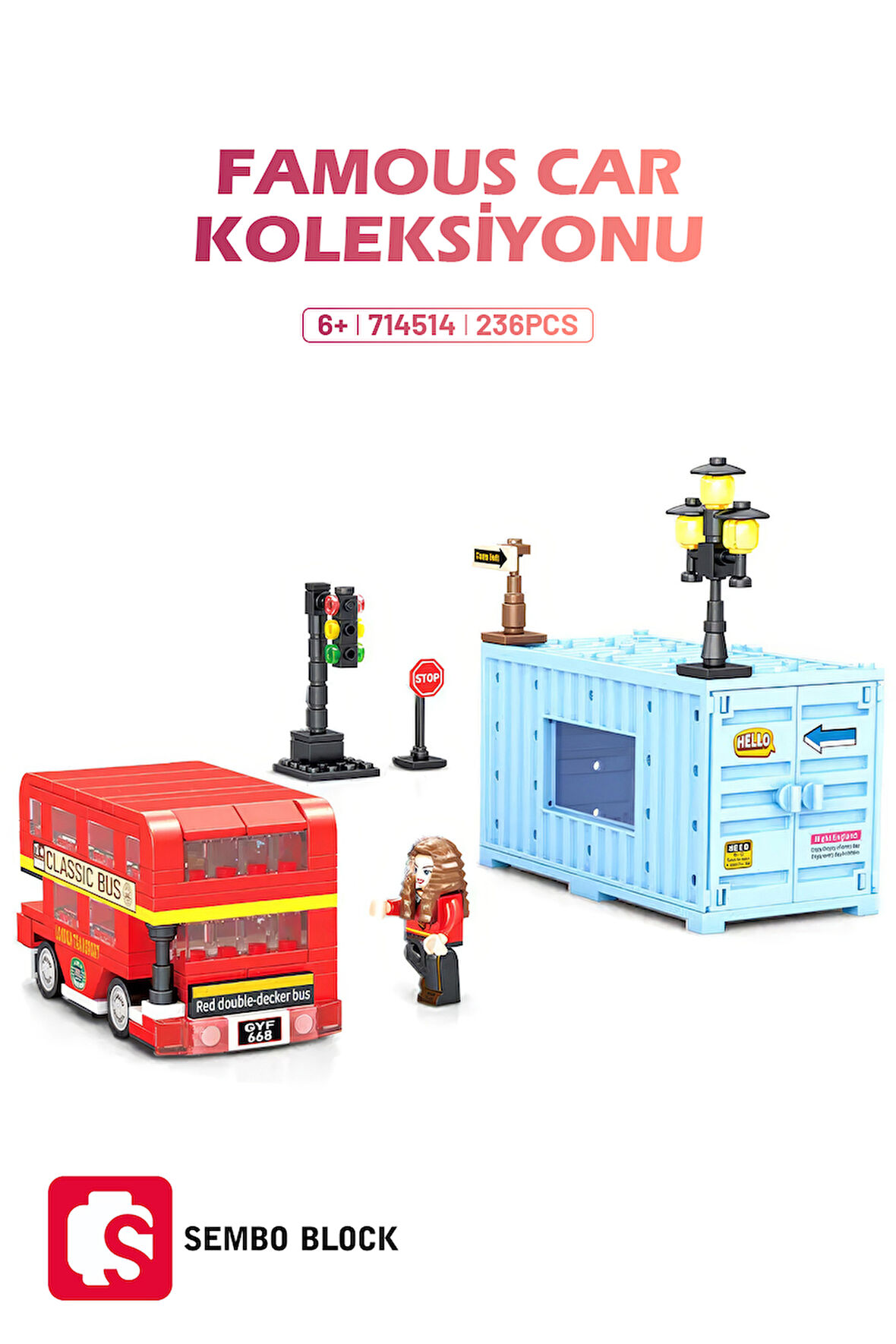 Sembo Block Famous Cars Londra Çift katlı otobüs 236 Parça Yapı blokları Lego ile uyumlu (714514)