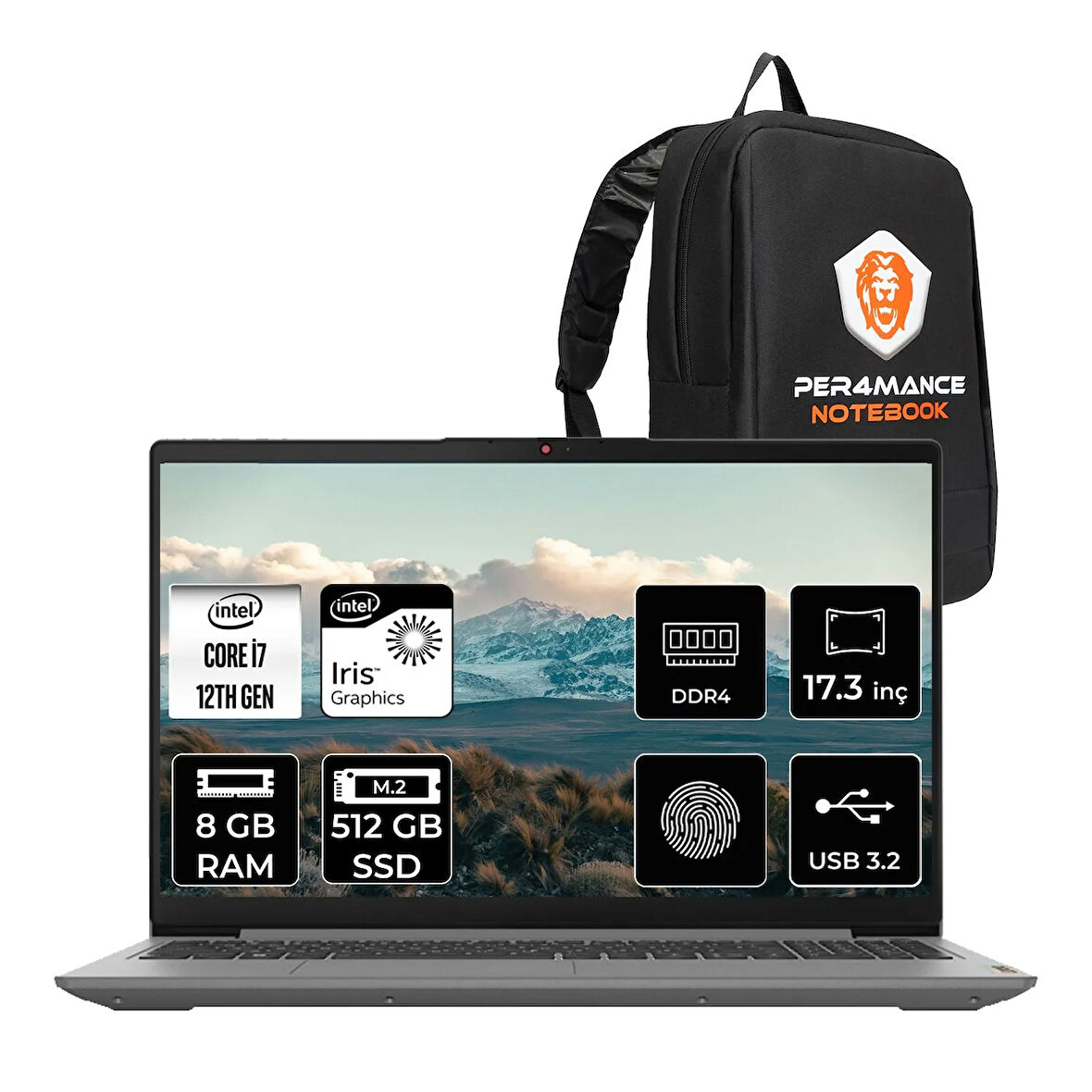 Lenovo IdeaPad 3 17IAU7 i7-1255U 8GB 512GB SSD 17.3" FHD FDOS Taşınabilir Bilgisayar & PER4 Çanta