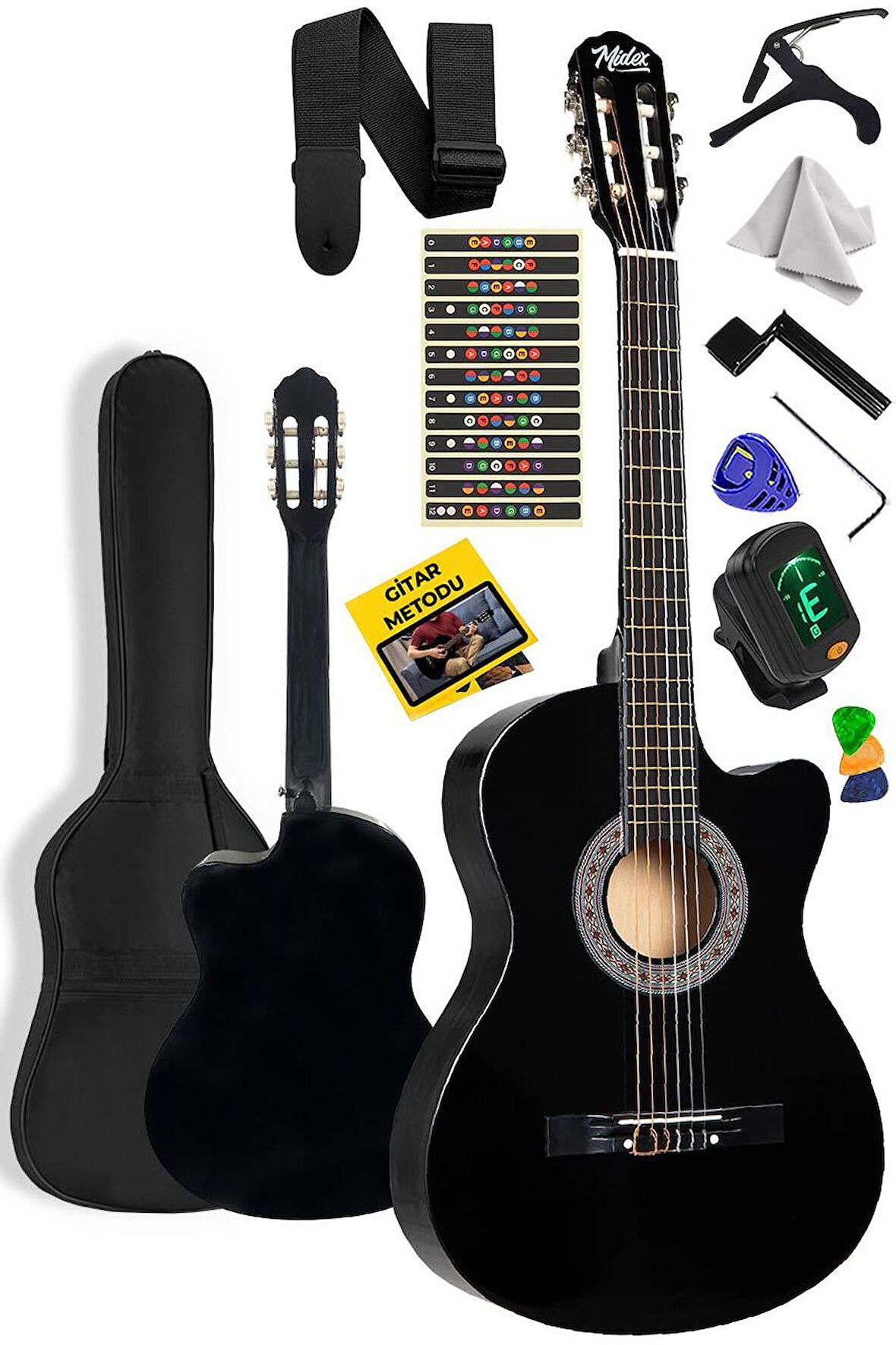 Midex CG-3Midex CG-395BK Siyah Klasik Gitar 4/4 Sap Ayarlı Kesik Kasa Full Set (Çanta Askı Tuner Metod Pena)95BK Siyah Klasik Gitar 4/4 Sap Ayarlı Kesik Kasa Full Set (Çanta Askı Tuner Metod Pena)