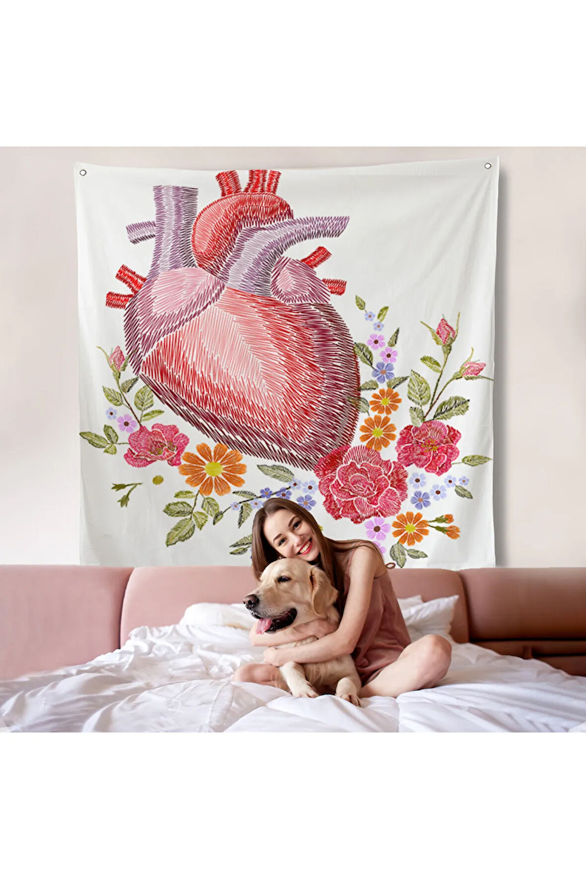 Çiçekli Kalp Duvar Örtüsü - Kalp Doktoru Hastanesi Hediyesi-8304