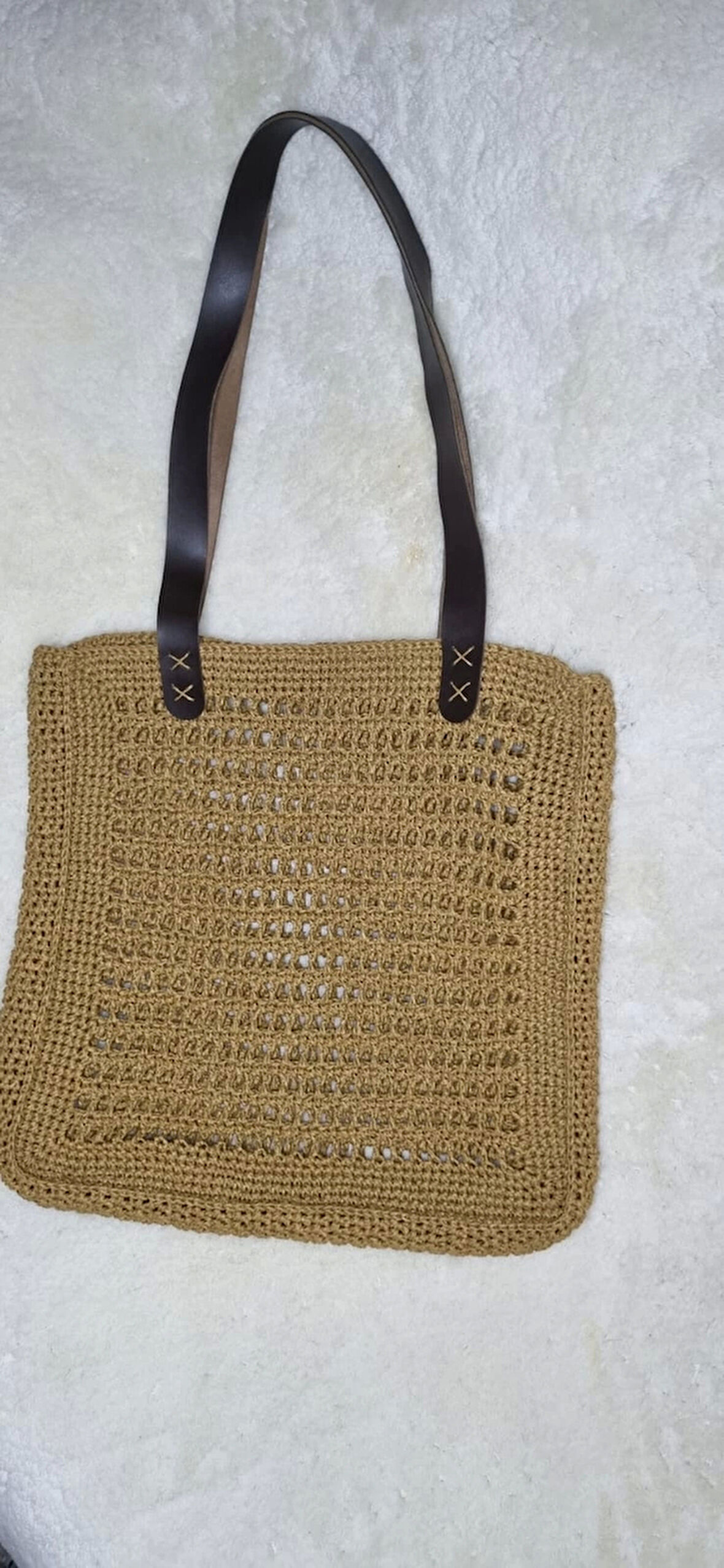 El Yapımı Sarı Örgü Kadın Çantası – Siyah Deri Saplı – İpekyıldızı