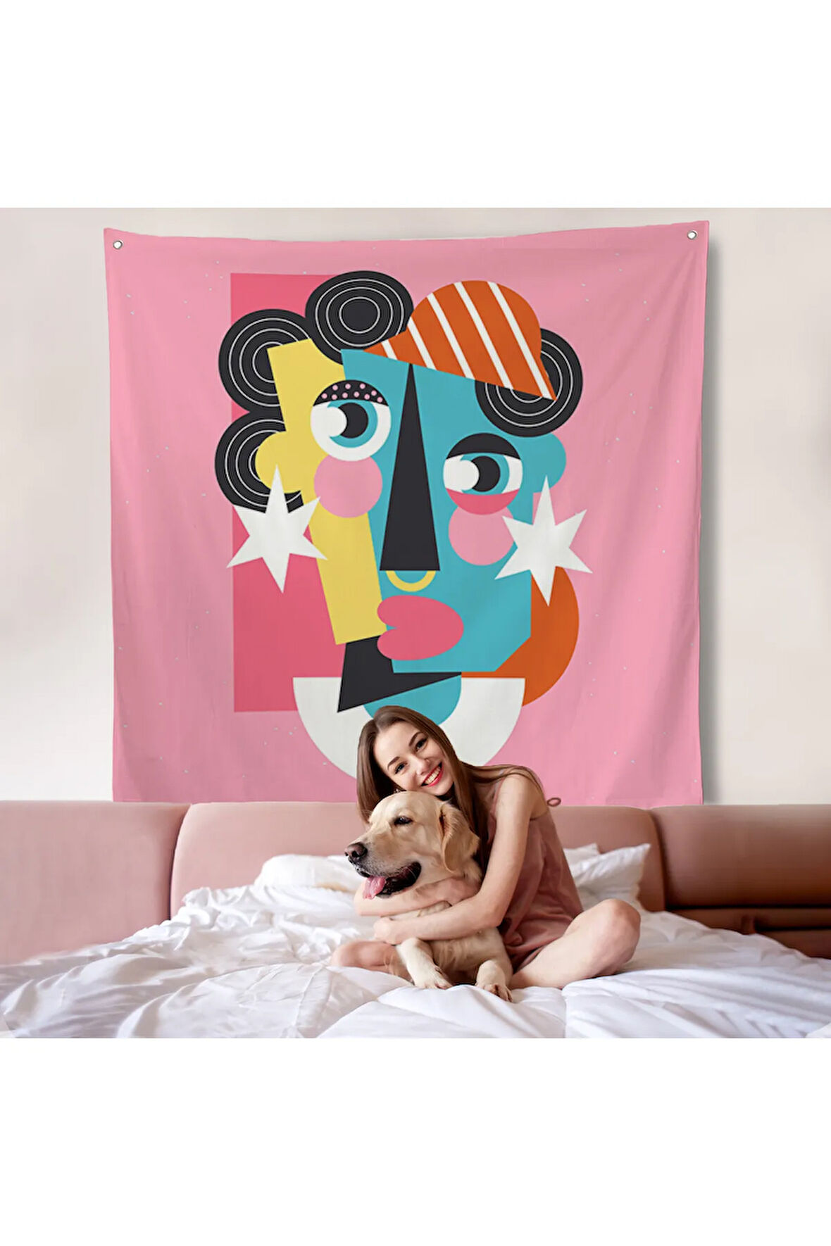 Pembe Renkli Soyut Kadın Portre Duvar Örtüsü-8306