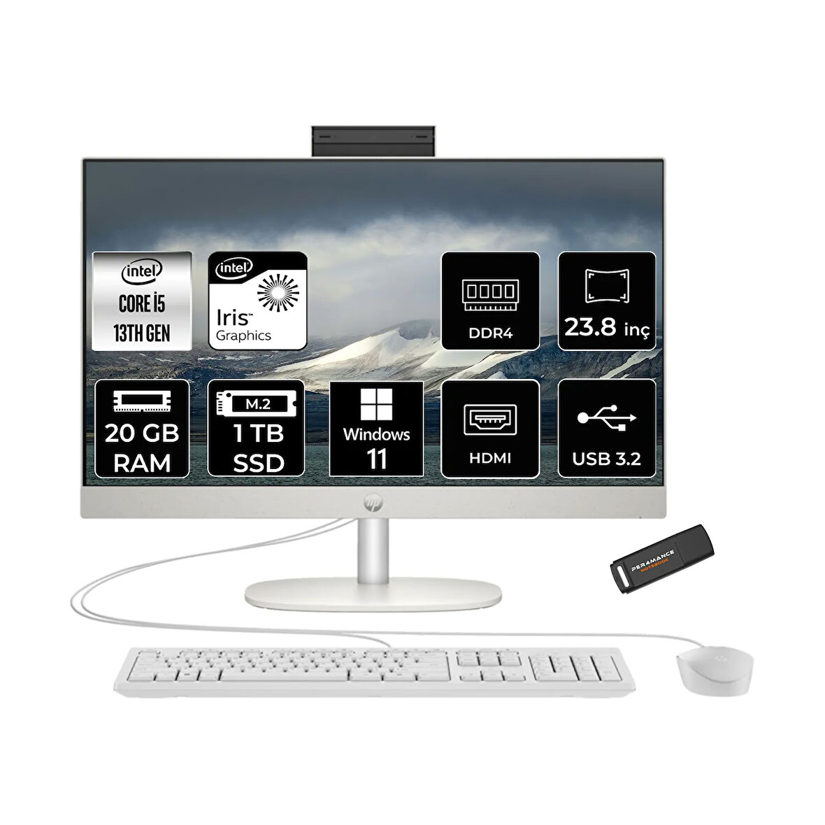 HP ProOne 240 G10 i5 1335U 20GB 1TB SSD Iris Xe Graphics 23.8" FHD W11P All In One PC Beyaz & PER4