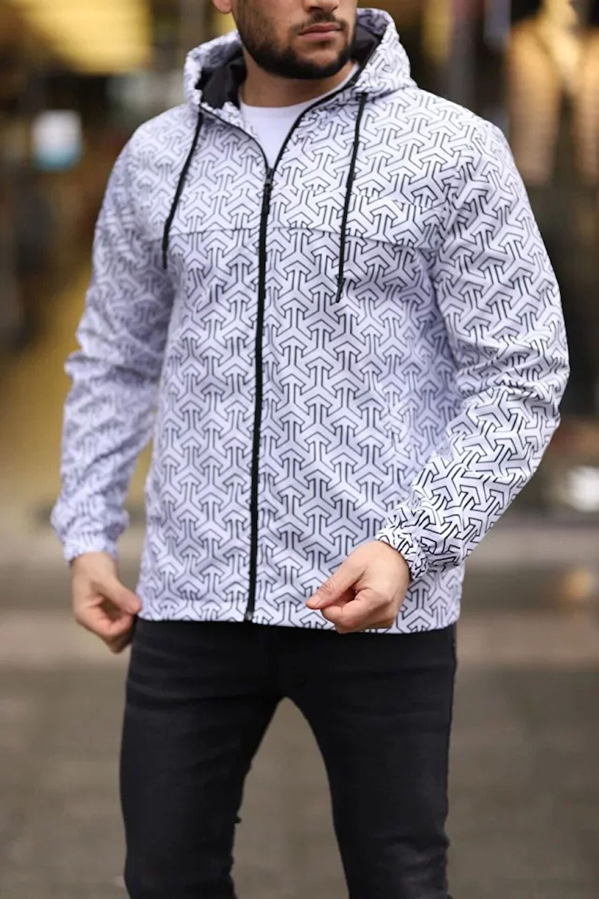 Unisex Kapüşonlu İçi Astarlı Yağmurluk  Beyaz