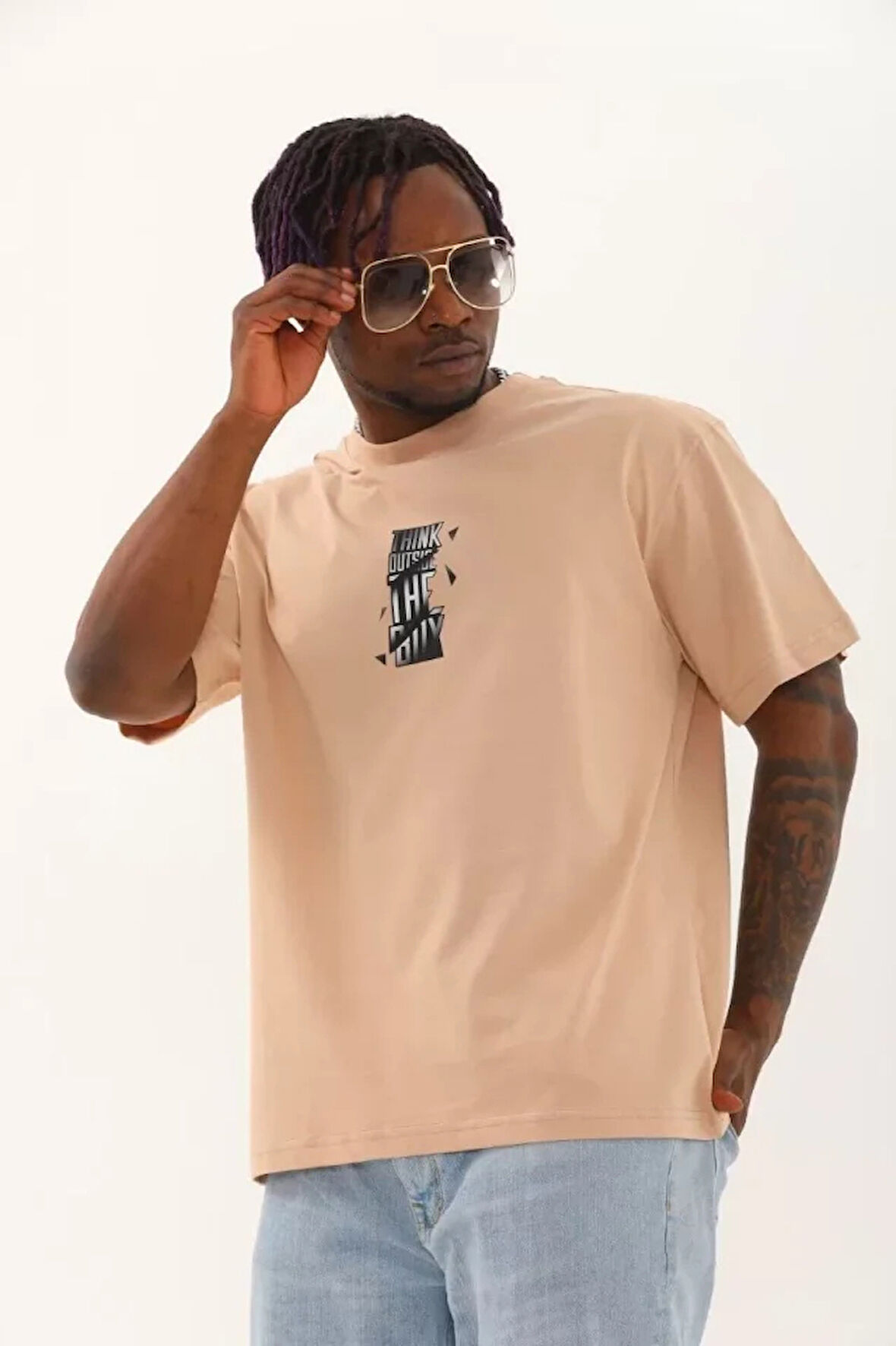 Unisex Oversize Baskılı Bisiklet Yaka Thirt  Bej