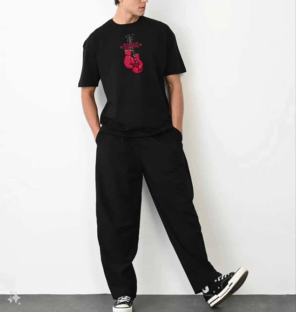 Unisex Bisiklet Yaka Baskılı Oversize Thirt  iyah