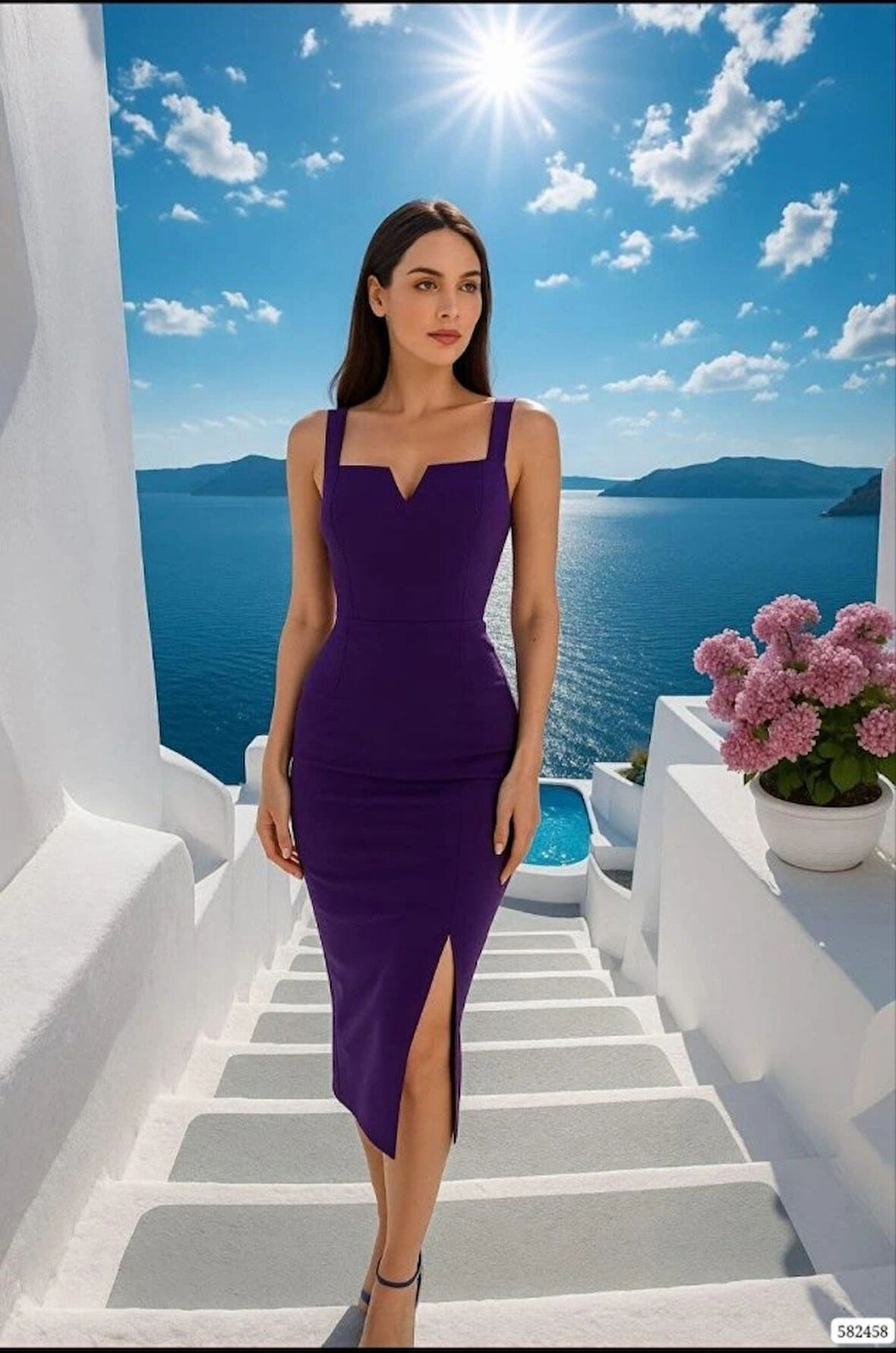 Kadın Dalgıç Krep Kumaş Yırtmaç Detaylı Midi Boy Elbise