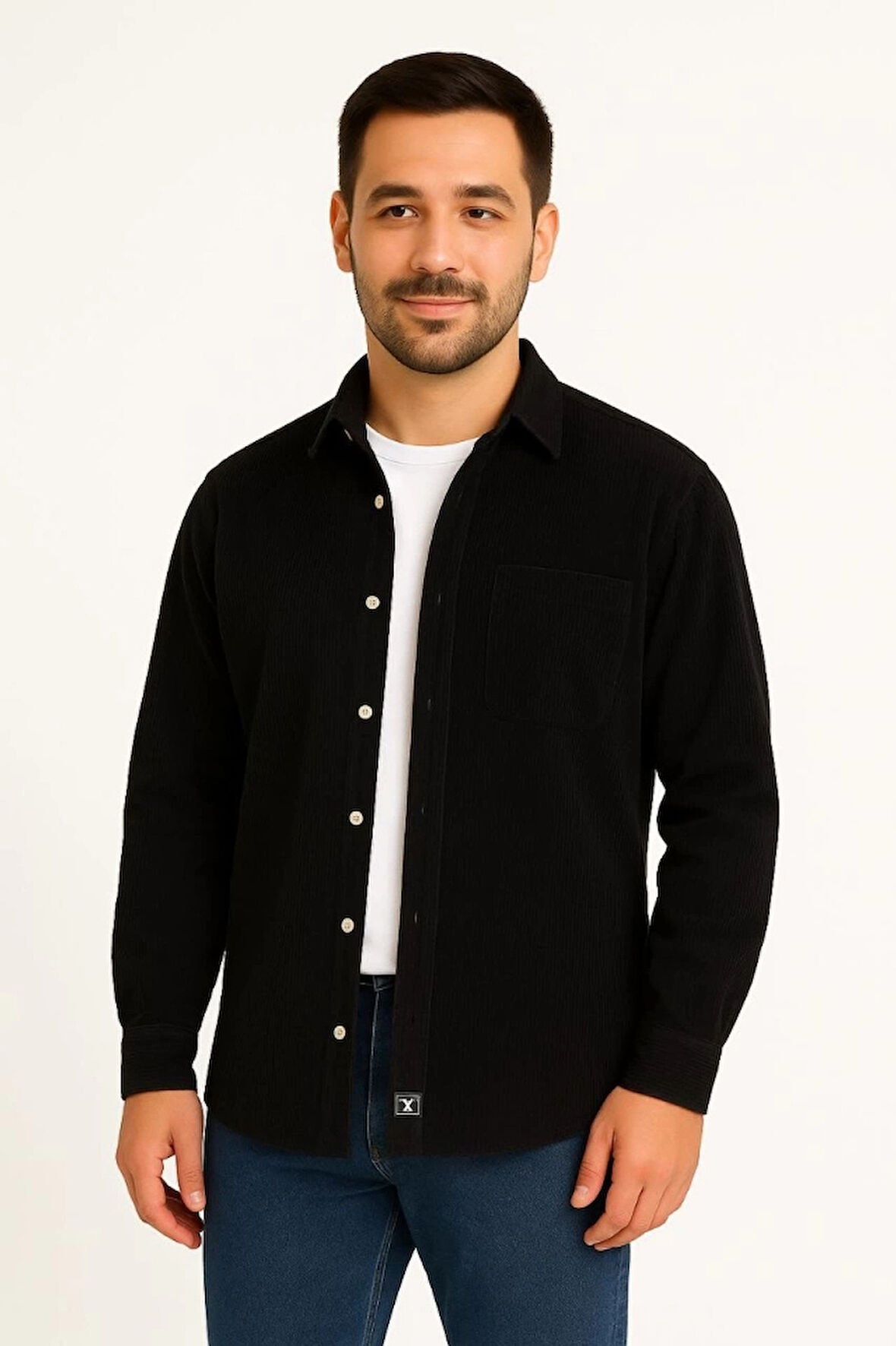 Erkek Fitilli Kadife Cepli Gömlek Oversize Rahat Kalıp  iyah