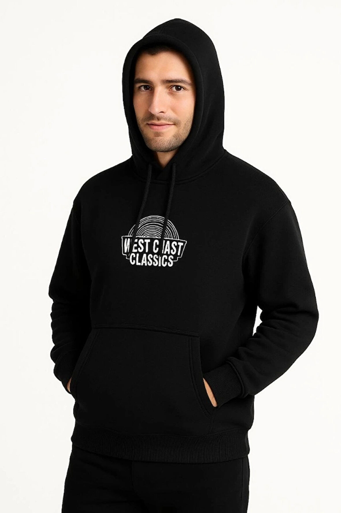 Erkek Üç İplik Kapüşonlu Ön Ve Arka Baskılı weathirt Hoodie  iyah