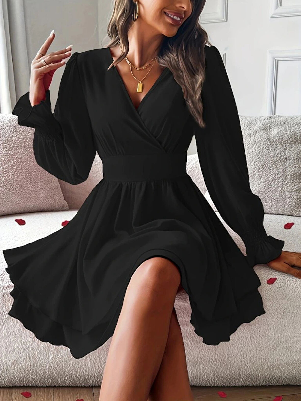 Kadın Uzun Kollu Kruvaze Yakalı Mini Sandy Elbise