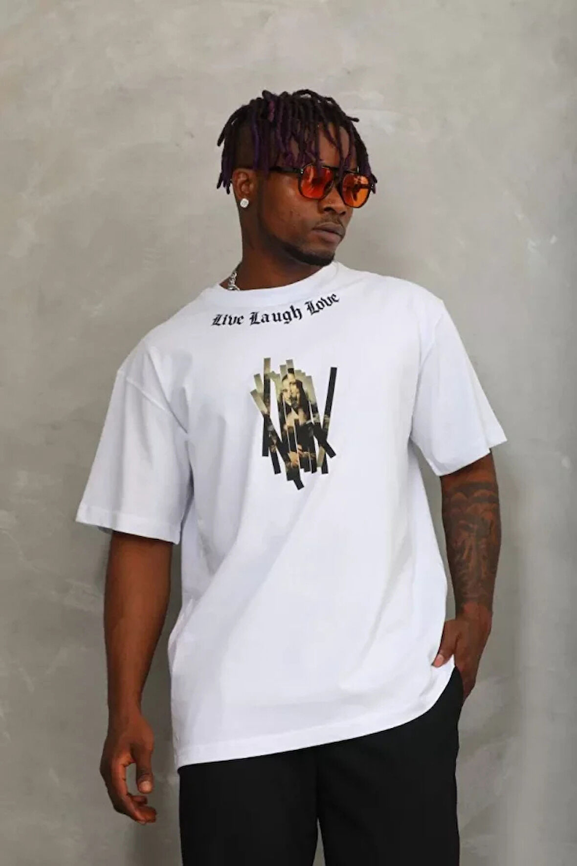 Unisex Oversize Baskılı Bisiklet Yaka Thirt  Beyaz