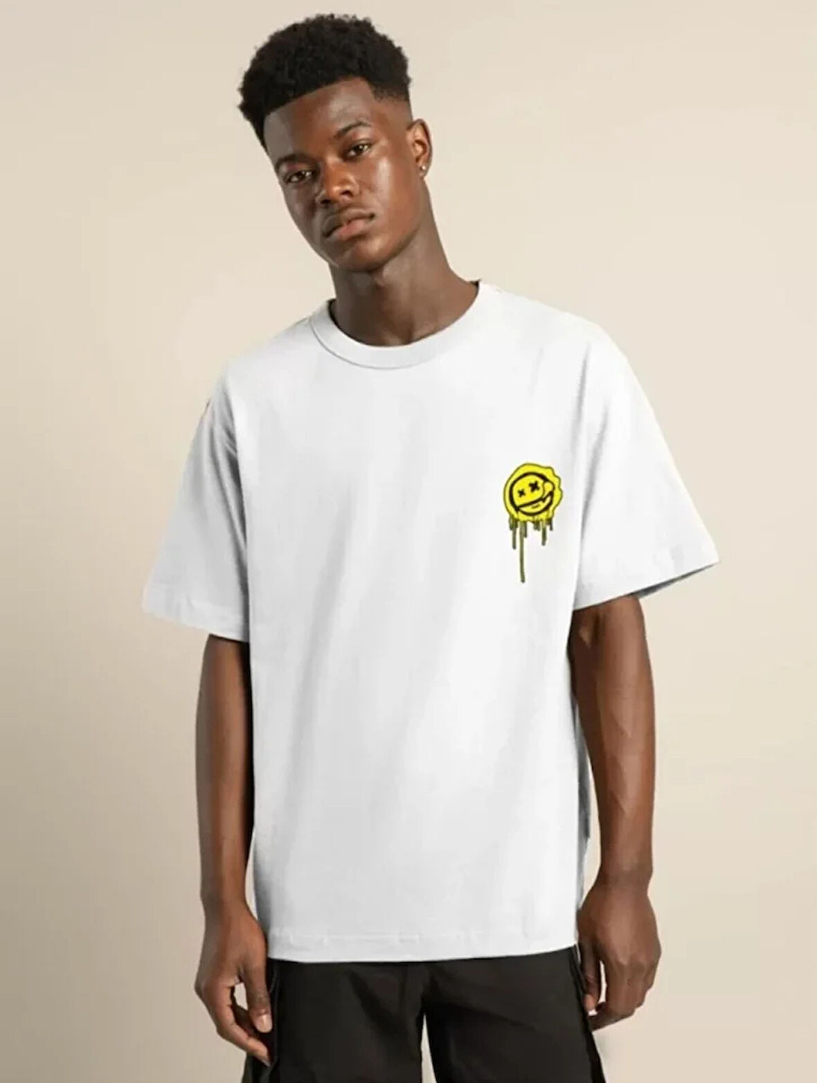 Unisex Bisiklet Yaka Baskılı Oversize Thirt  Beyaz