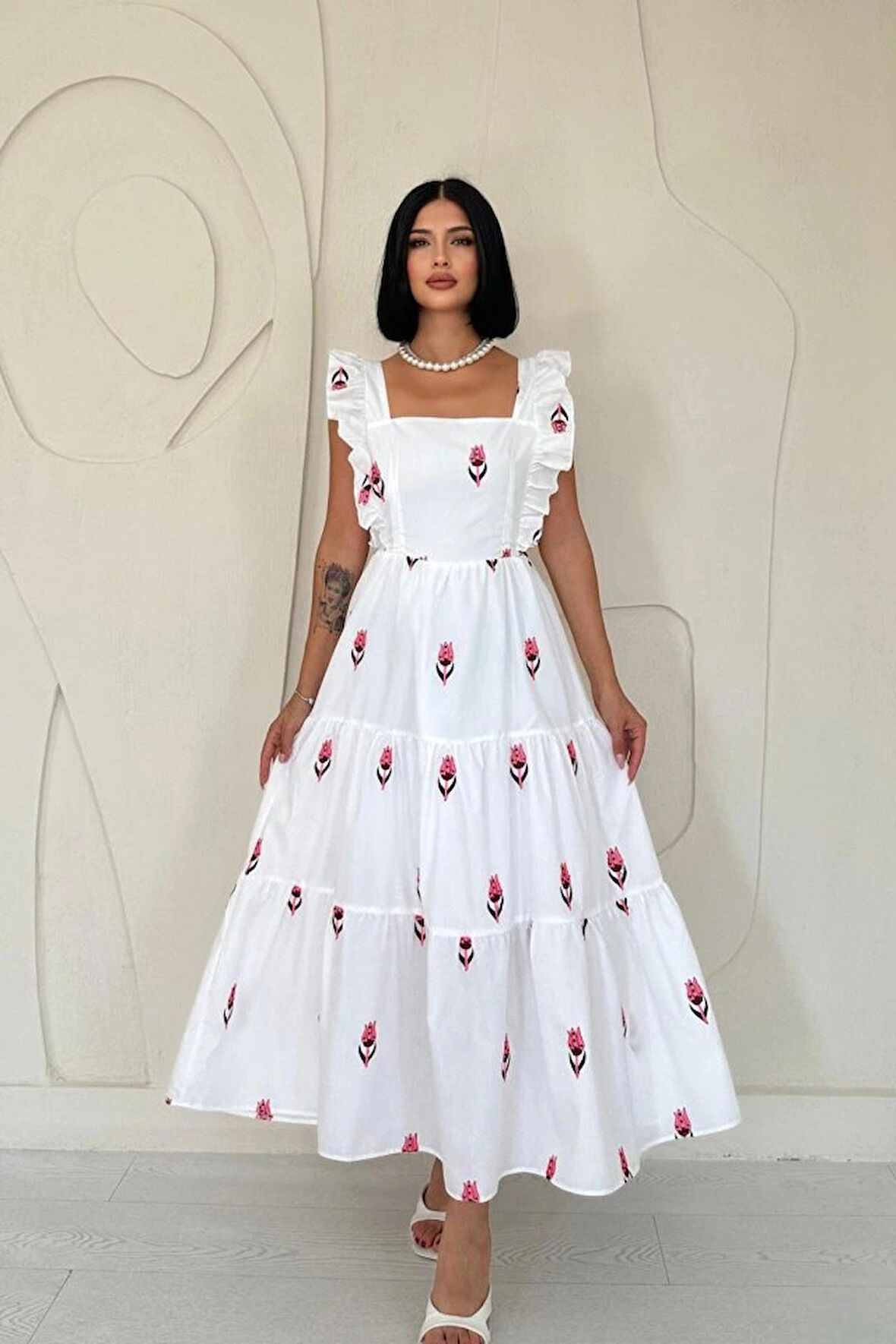 Fuşya ıfır Kol Fırfırlı Elbise