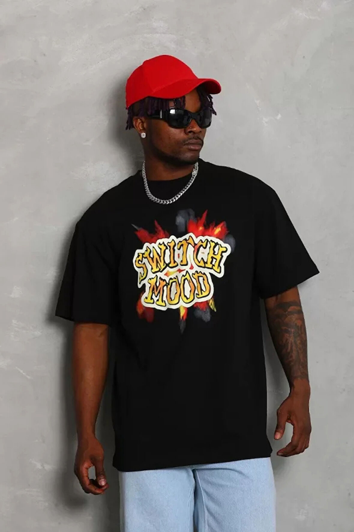 Unisex Oversize Baskılı Bisiklet Yaka Thirt  iyah