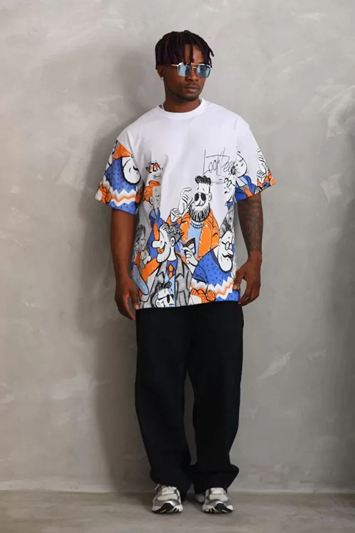 Unisex Oversize Baskılı Bisiklet Yaka Thirt  Beyaz