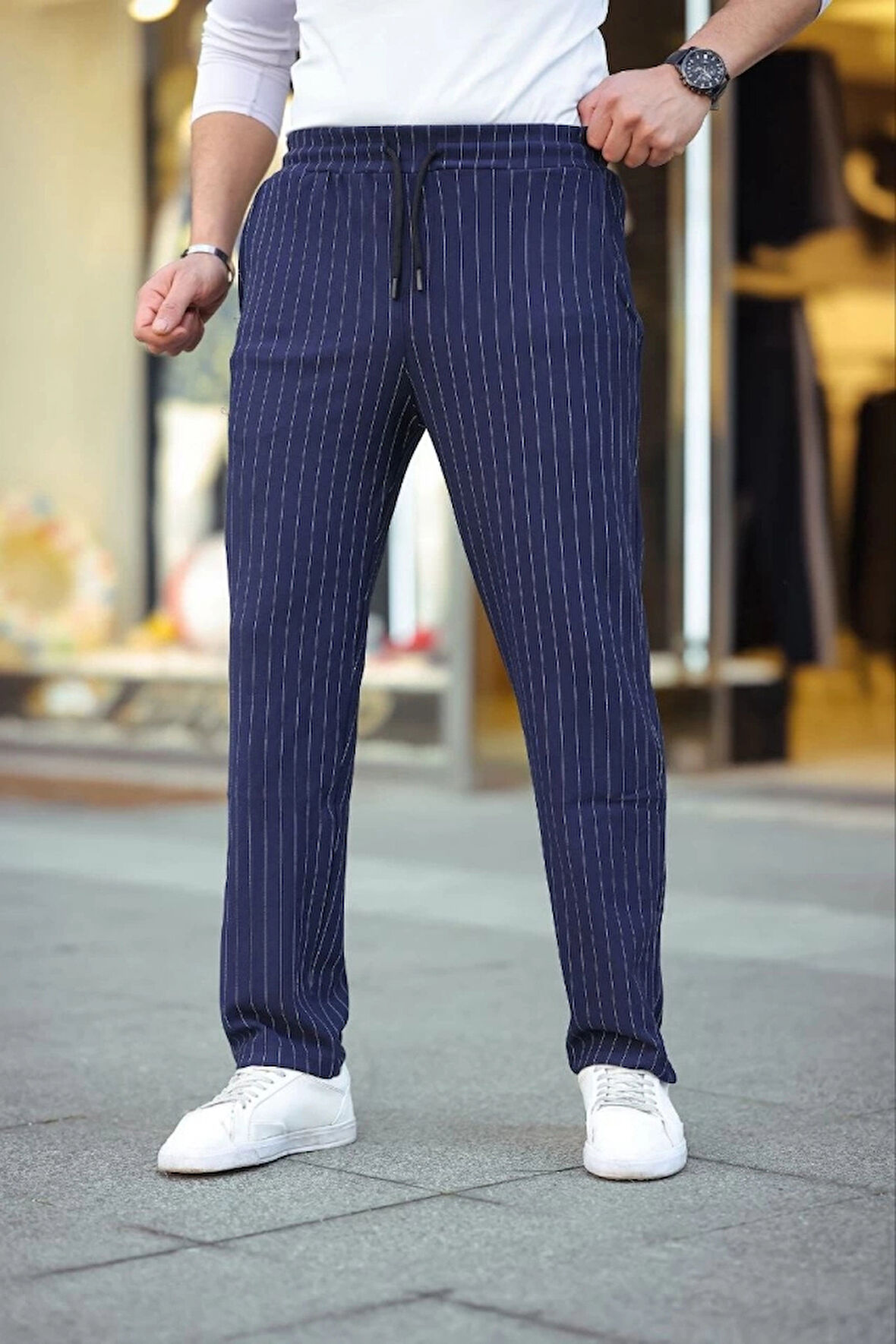 Erkek Cizgili Dokuma Krep Jogger Buggy Pantalon Rahat Kalıp  acivert