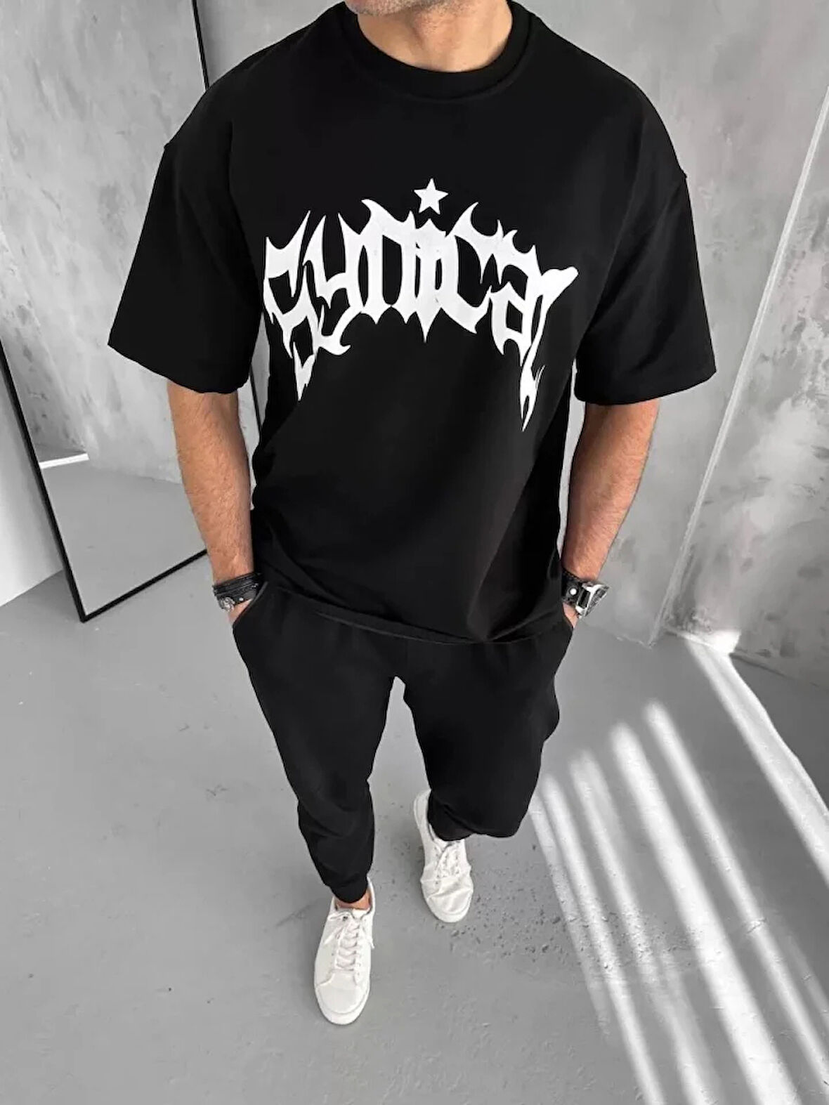 Unisex Bisiklet Yaka Baskılı Oversize Thirt  iyah