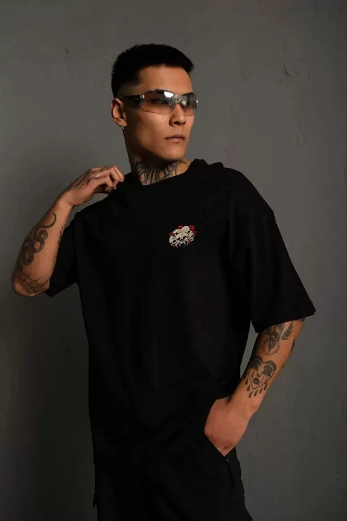 Unisex Bisiklet Yaka Baskılı Oversize Thirt  iyah