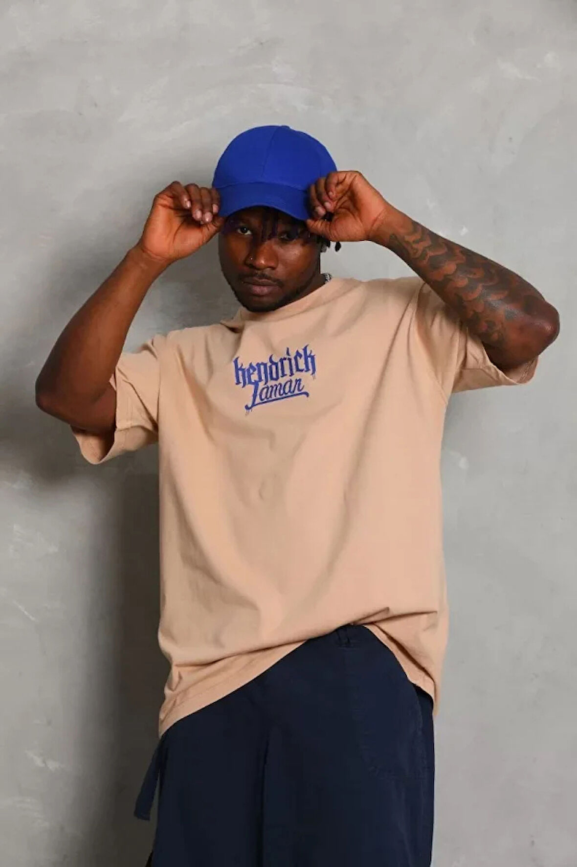 Unisex Oversize Baskılı Bisiklet Yaka Thirt  Bej