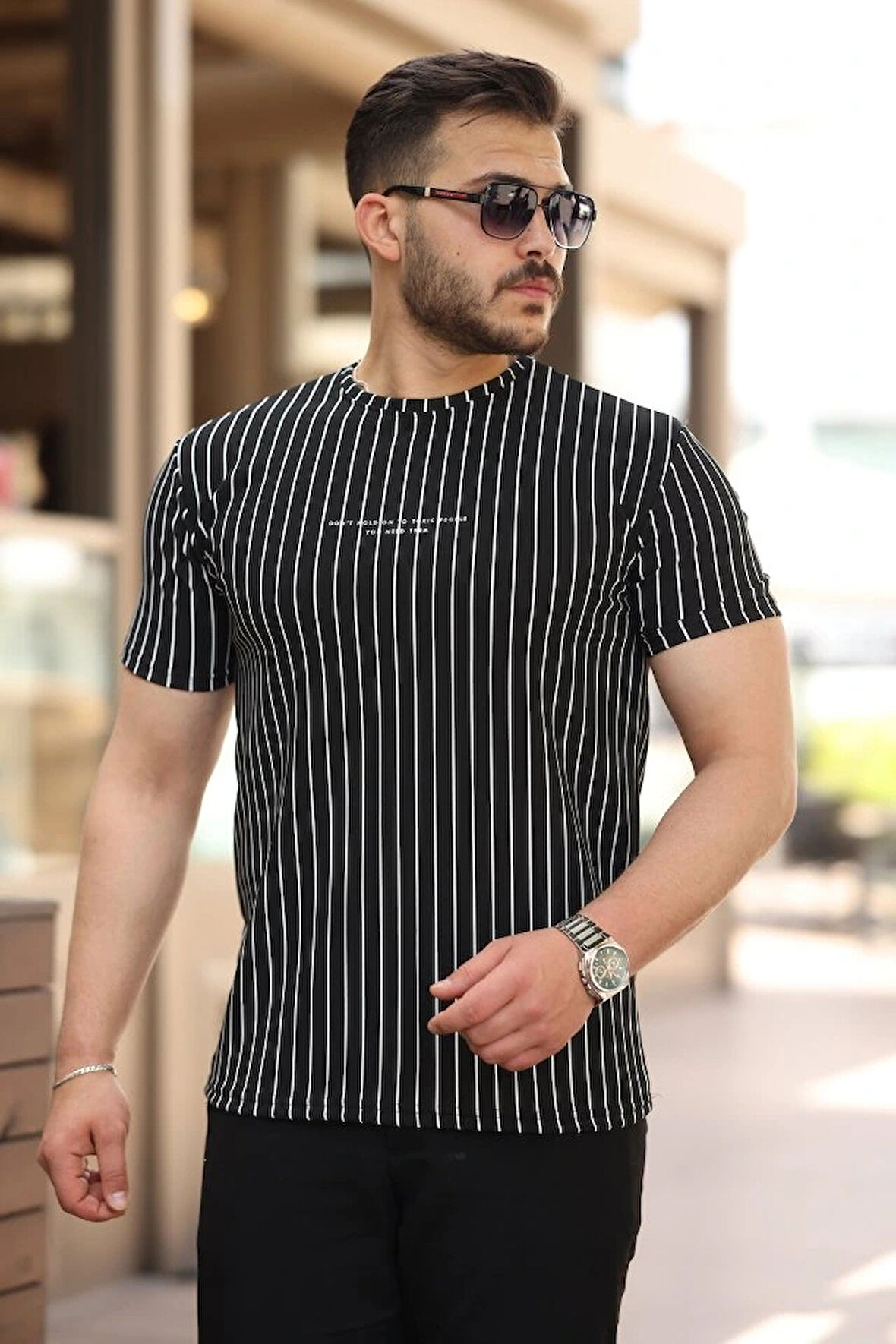 Erkek Dikey çizgili Ottoman Kumaş Kısa Kollu Tshirt