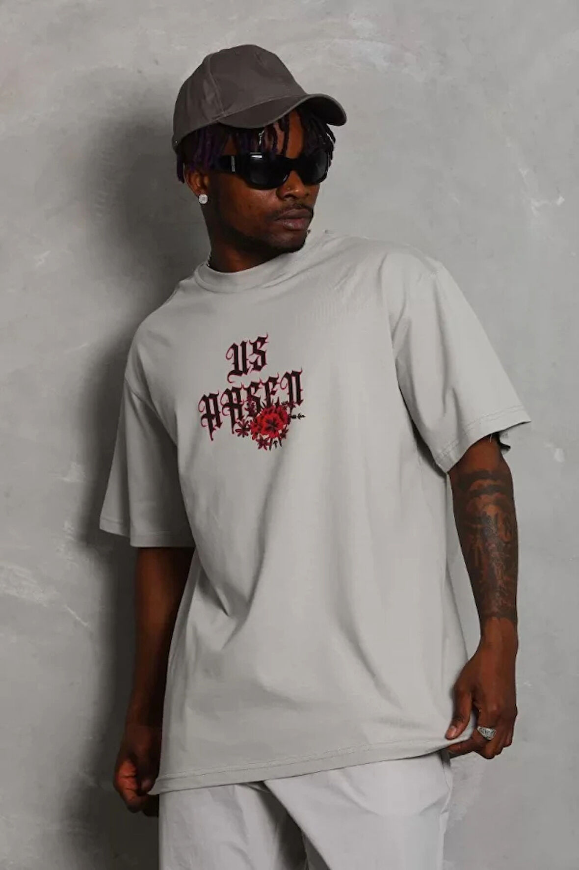 Unisex Oversize Baskılı Bisiklet Yaka Thirt  Gri