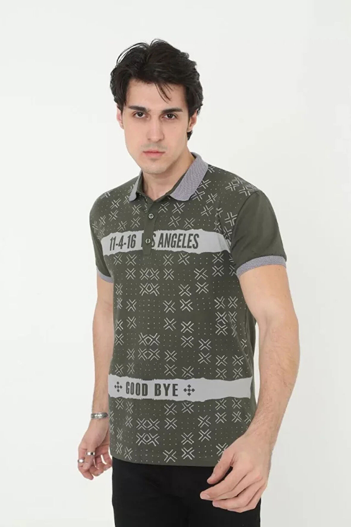 Erkek Yakalı lim Fit Baskılı Thirt  Haki