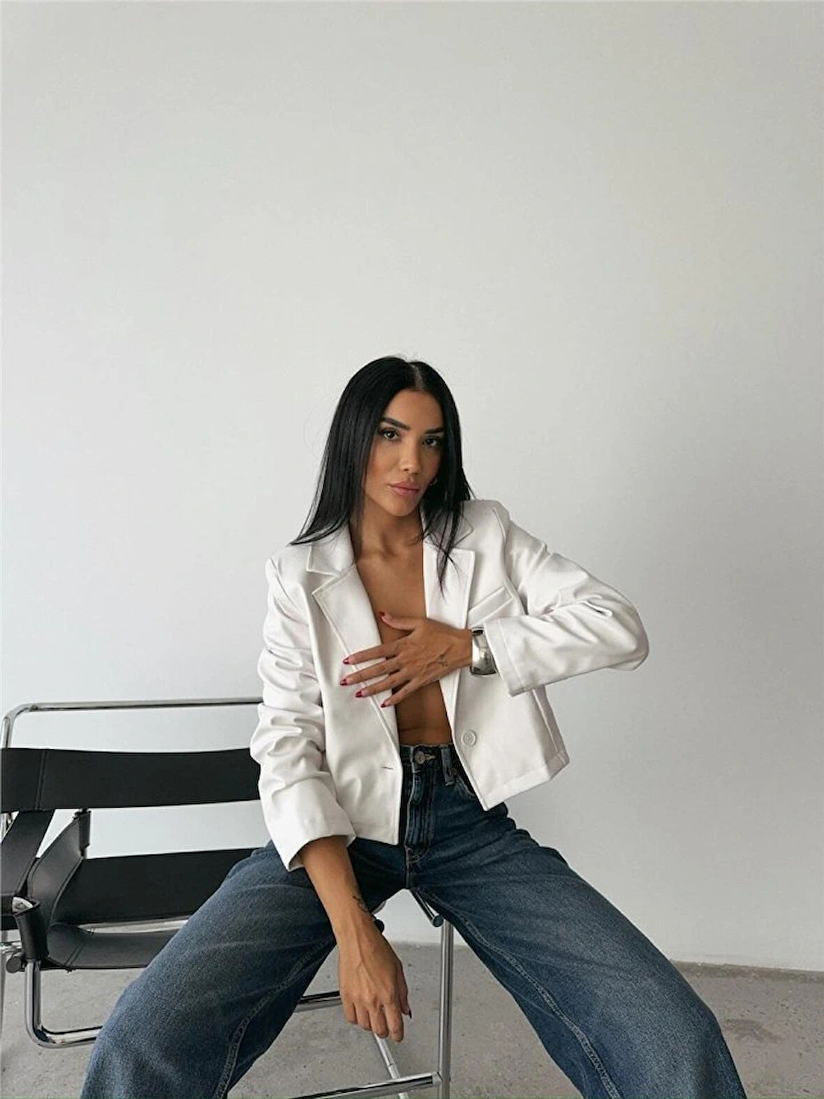 DERİ CROP CEKET TEK DÜĞME  Beyaz