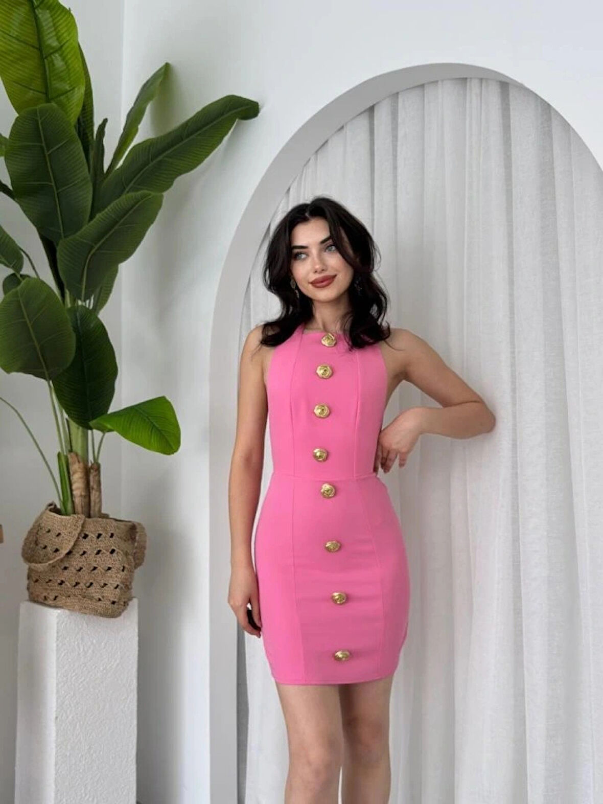 Katalina Gül Düğmeli Elbise