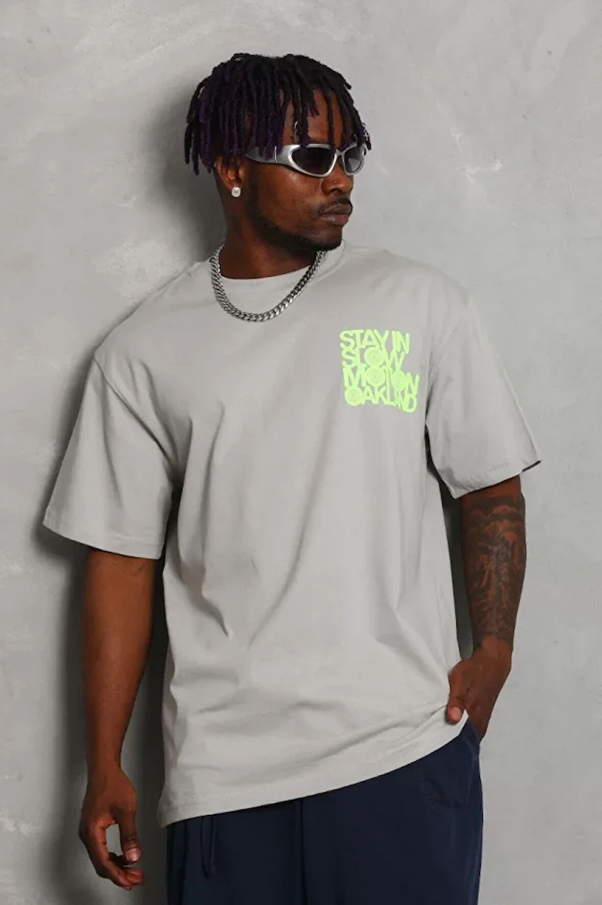 Unisex Oversize Baskılı Bisiklet Yaka Thirt  Gri