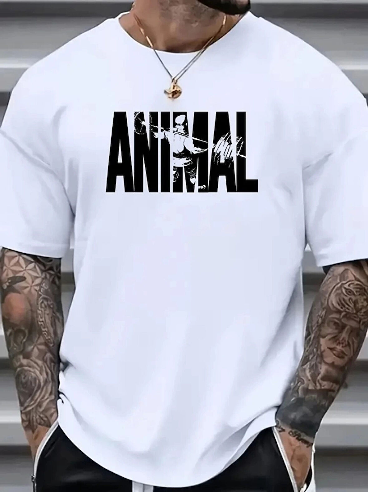 Baskılı Oversize Bisiklet Yaka Tshirt  Beyaz