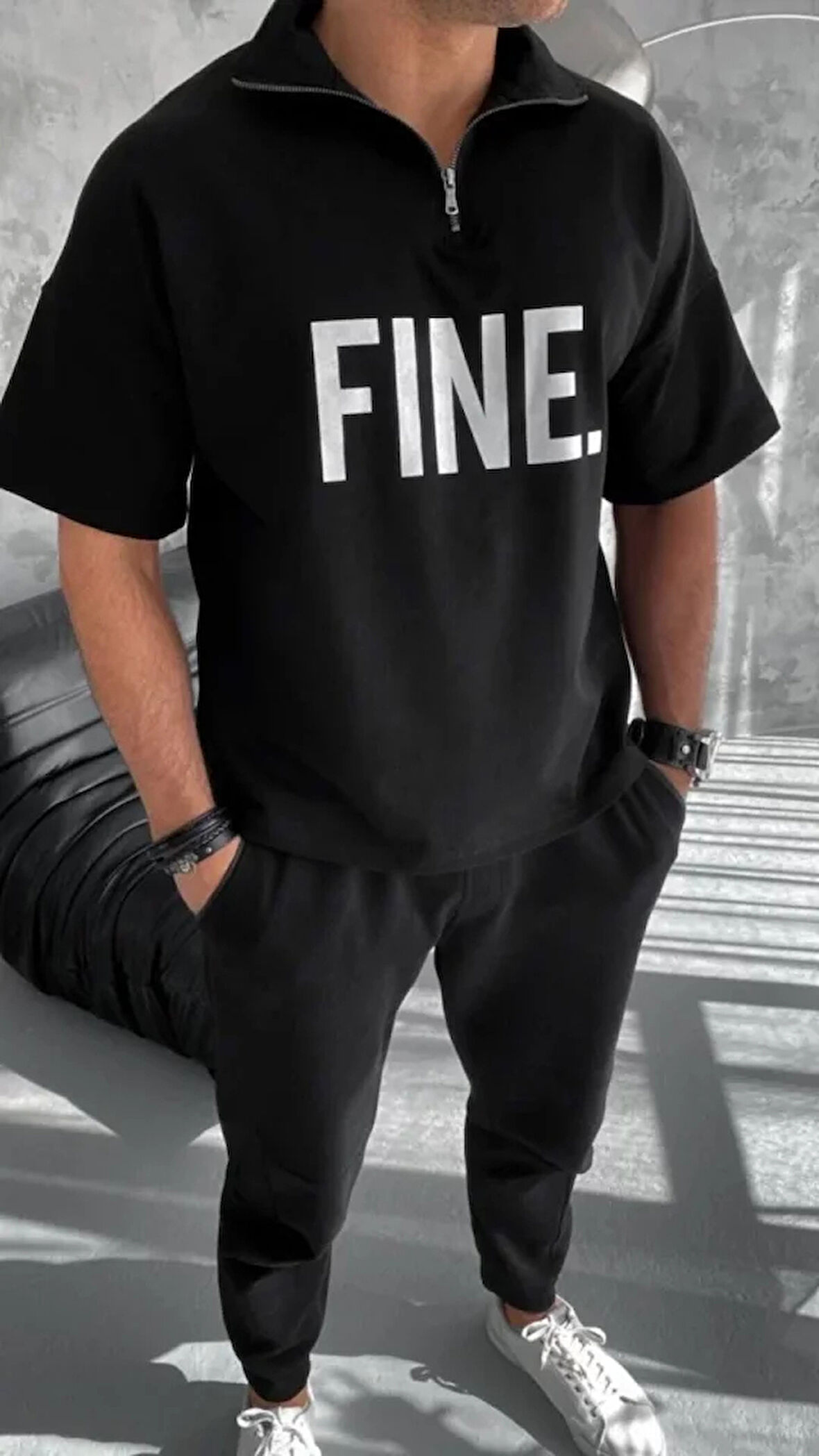 Unisex Baskılı Yarım Fermuarlı Thirt  iyah