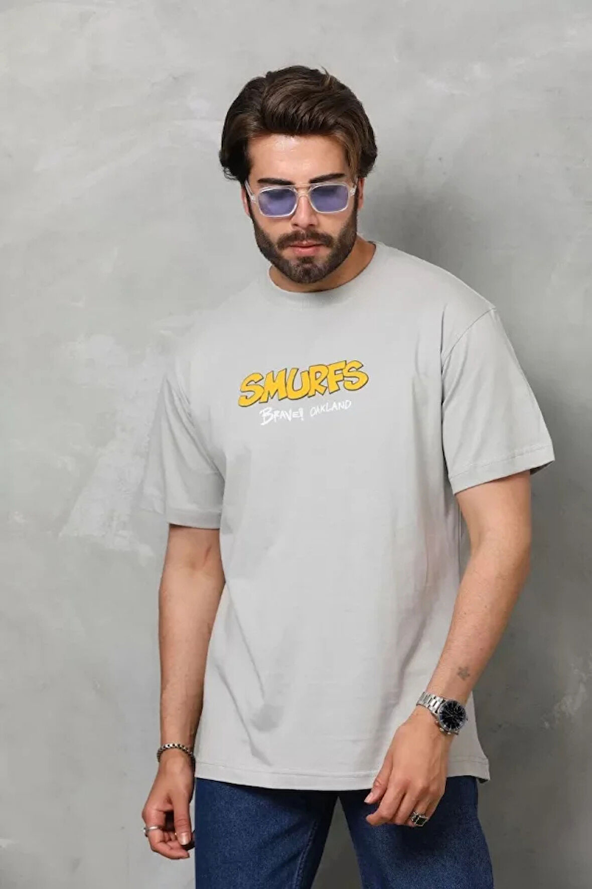 Unisex Basic Bisiklet Yaka Oversize Thirt  Gri