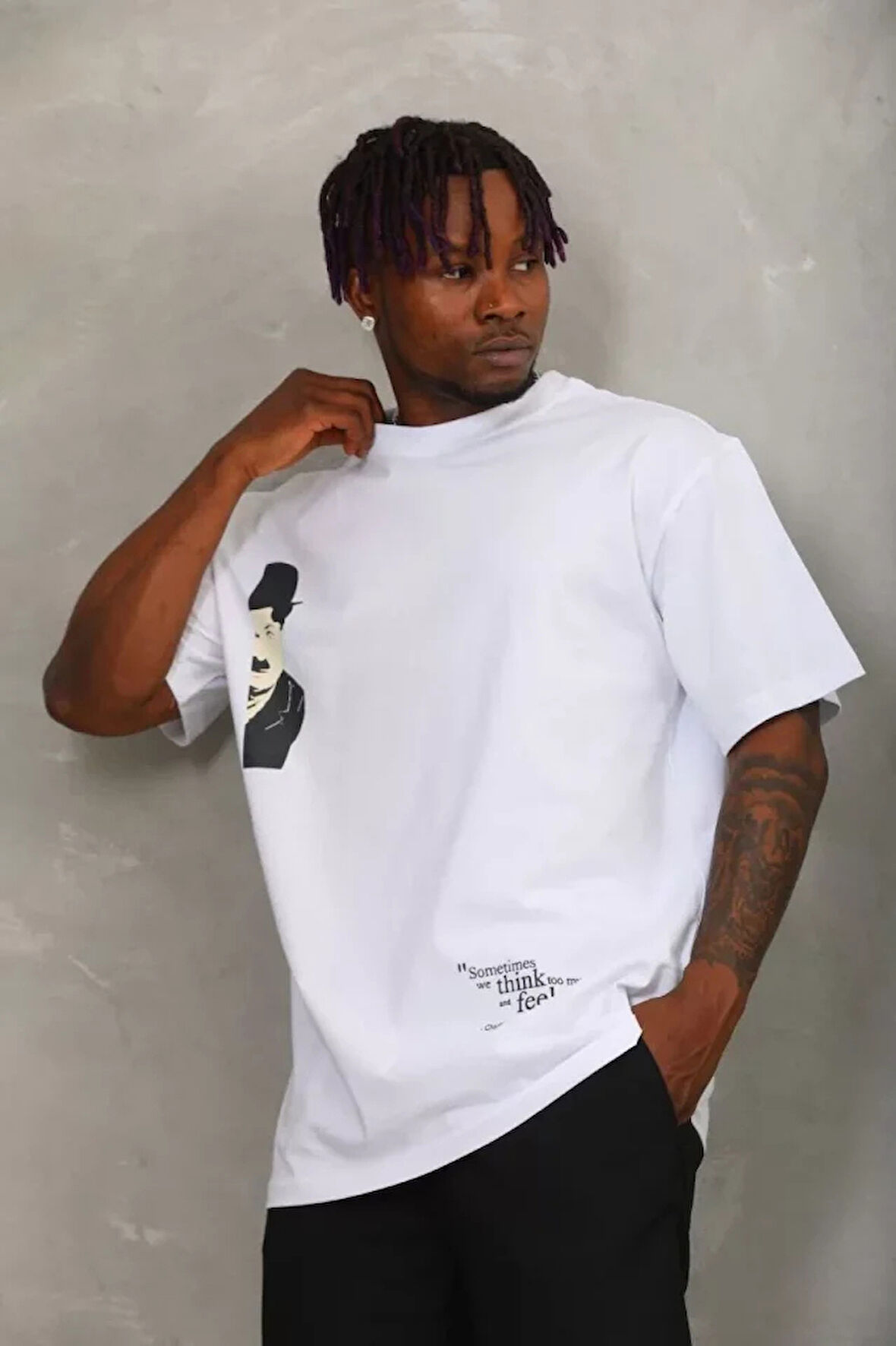 Unisex Oversize Baskılı Bisiklet Yaka Thirt  Beyaz