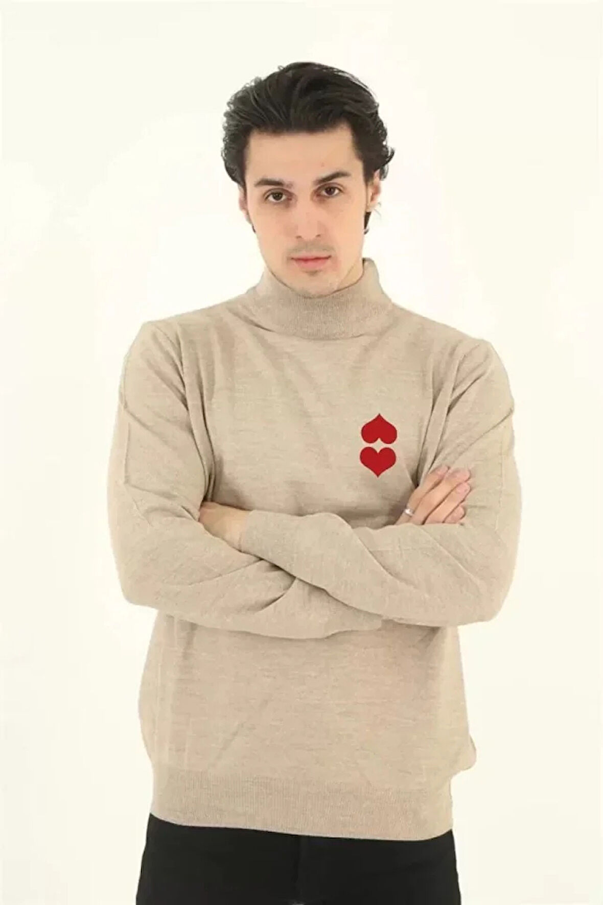 Unisex Yarım Boğazlı Baskılı Dokuma Triko  Bej