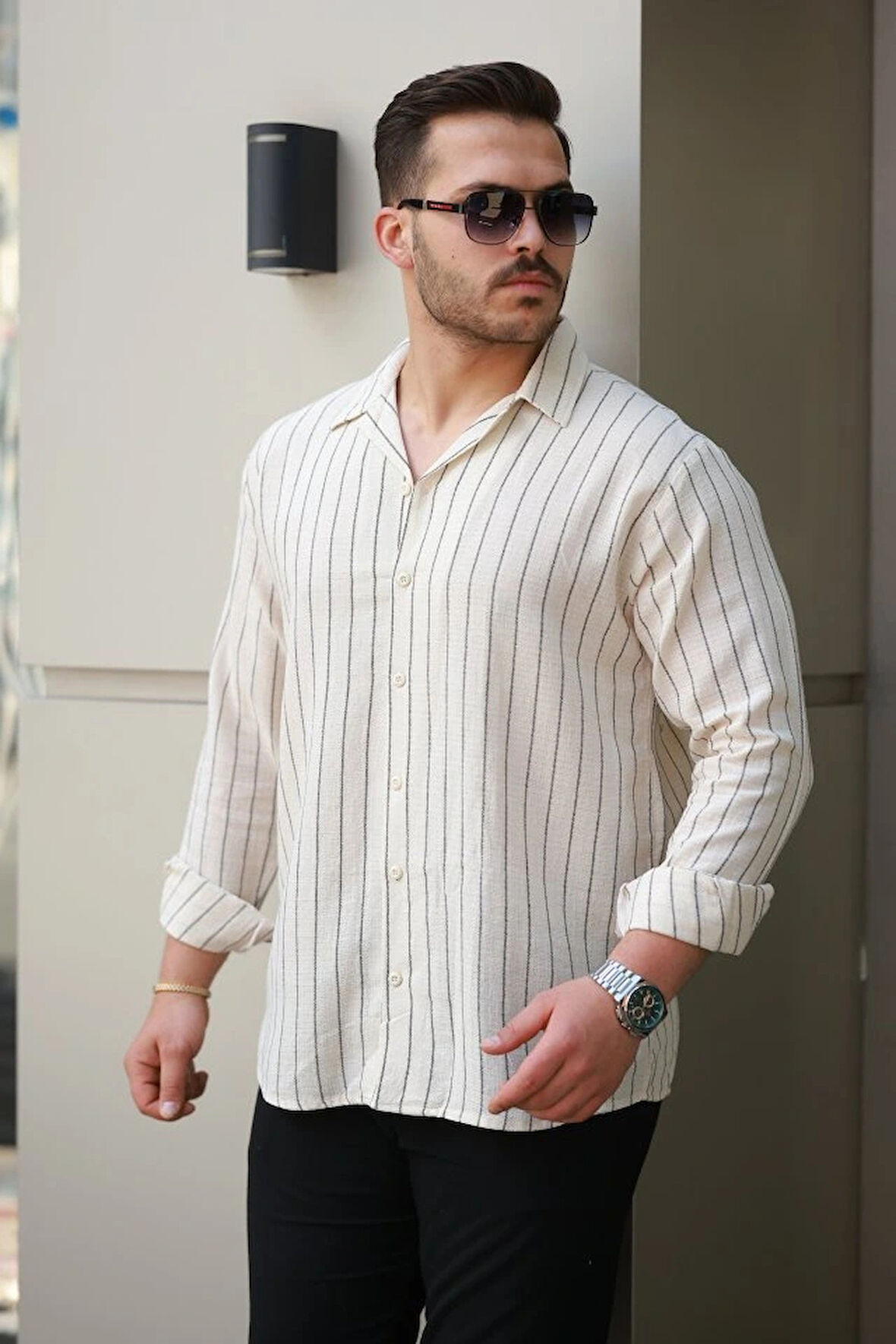 Erkek çizgili Keten Gömlek