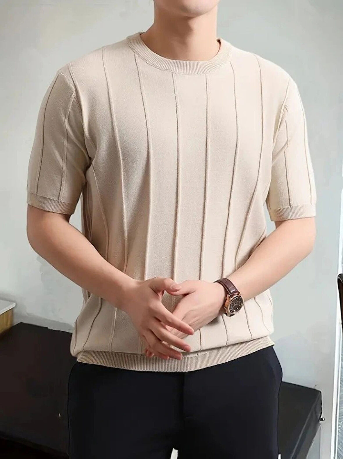 Erkek Kısa Kollu Bisiklet Yaka çizgili Triko Bluz