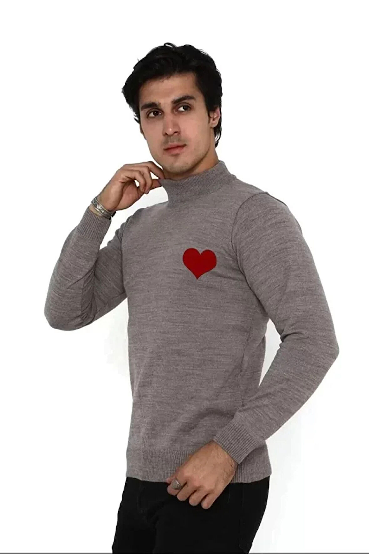 Unisex Yarım Boğazlı Baskılı Dokuma Triko  Vizon